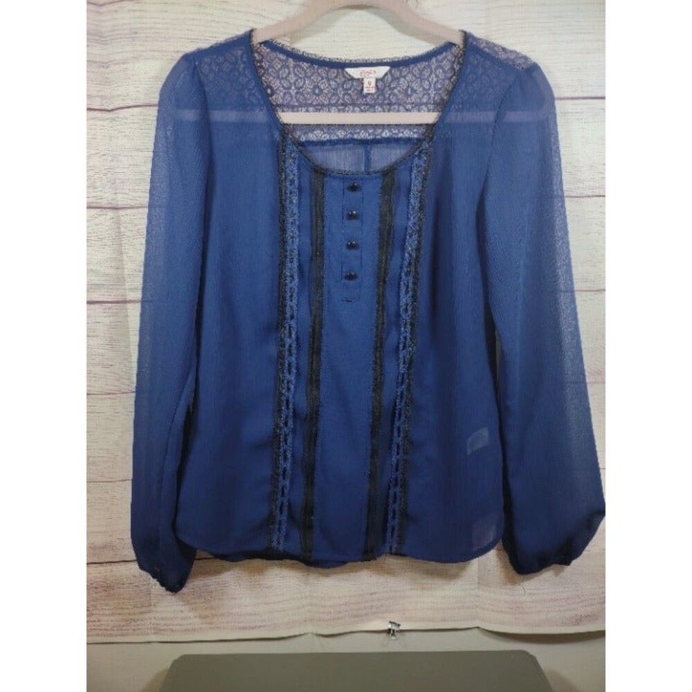 Candies Navy Blue Rayon/Lace Blouse with Black Accents, Women's Size M